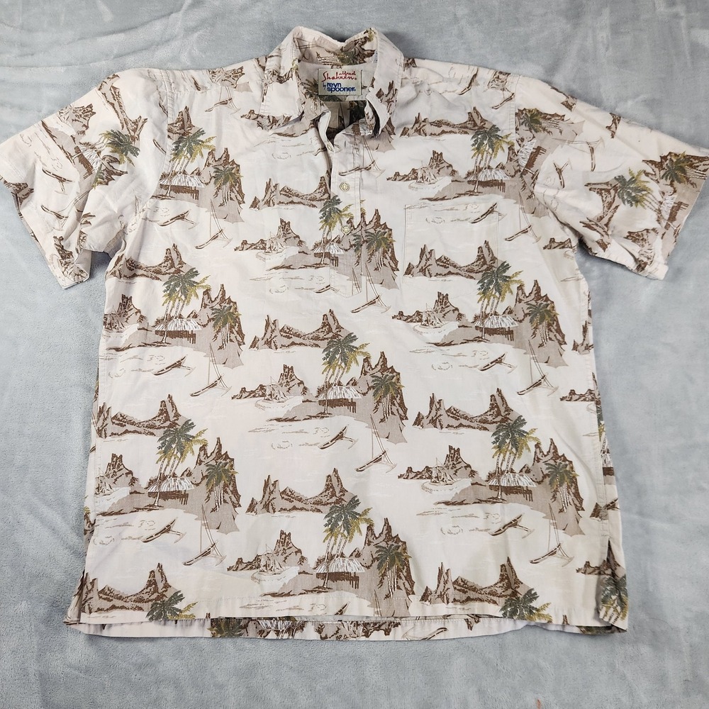 ALFRED SHAHEEN REYN SPOONER  Large‎ Vtg Beige Hawaiian Short Sleeve Camp Shirt